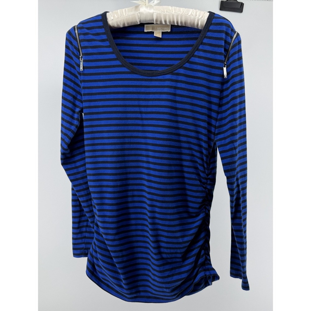 Michael Kors Striped Top Blue Black Zip Shoulder Stretch Slim Rouched Sides Chic